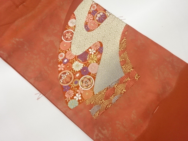 未使用品　引箔地紙に紗綾形・草花・荒波模様織出し名古屋帯